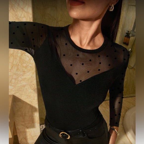 Black polka dots mesh sleeve bodysuit - Picture 6 of 7